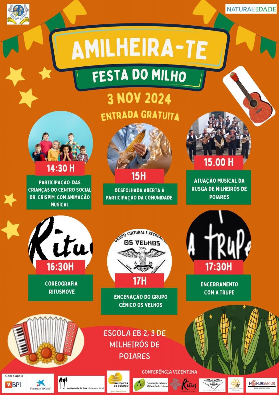 Programa - Venha festejar a tradição e cultura! No Amilheira-te - Festa do Milho, usufruirá de uma tarde com animação cultural diversa, barraquinhas, convívio e muita alegria."