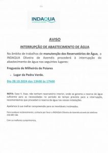 Aviso - Interrupção abastecimento água - Pedra Verde - dia 28/10/2024 - das 13:00h às 17:00h